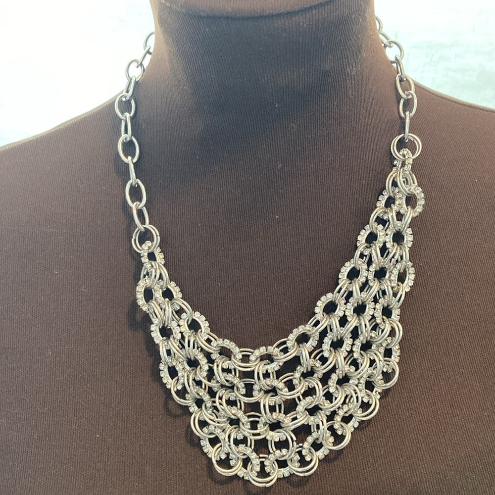 Silver Toned Chainmail Statement Necklace Vintage